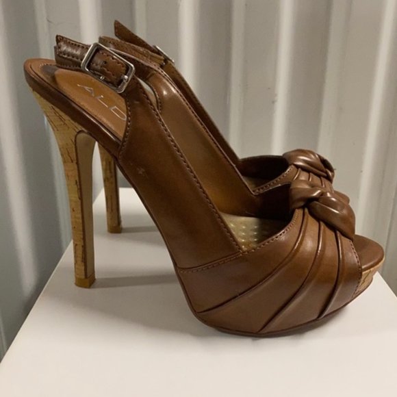 Aldo Platform Sling Back High Heels Cognac Brown - Picture 3 of 12